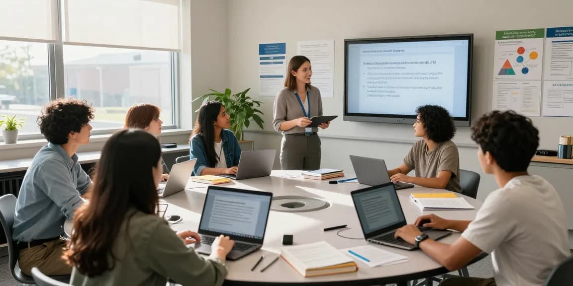 Students discussing 123b educational laws in a modern classroom