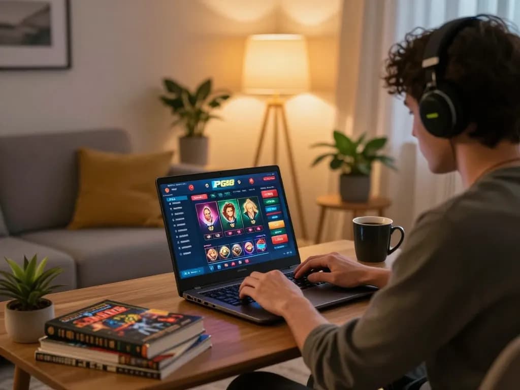 Engaged player strategizing online gambling on PG88 at home, with cozy decor and warm lighting.