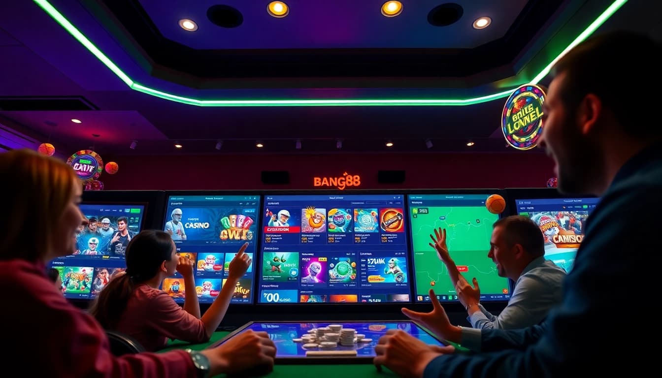 Explore the dynamic gaming atmosphere of https://bong88.casino/ showcasing excited players in a modern online casino setup.