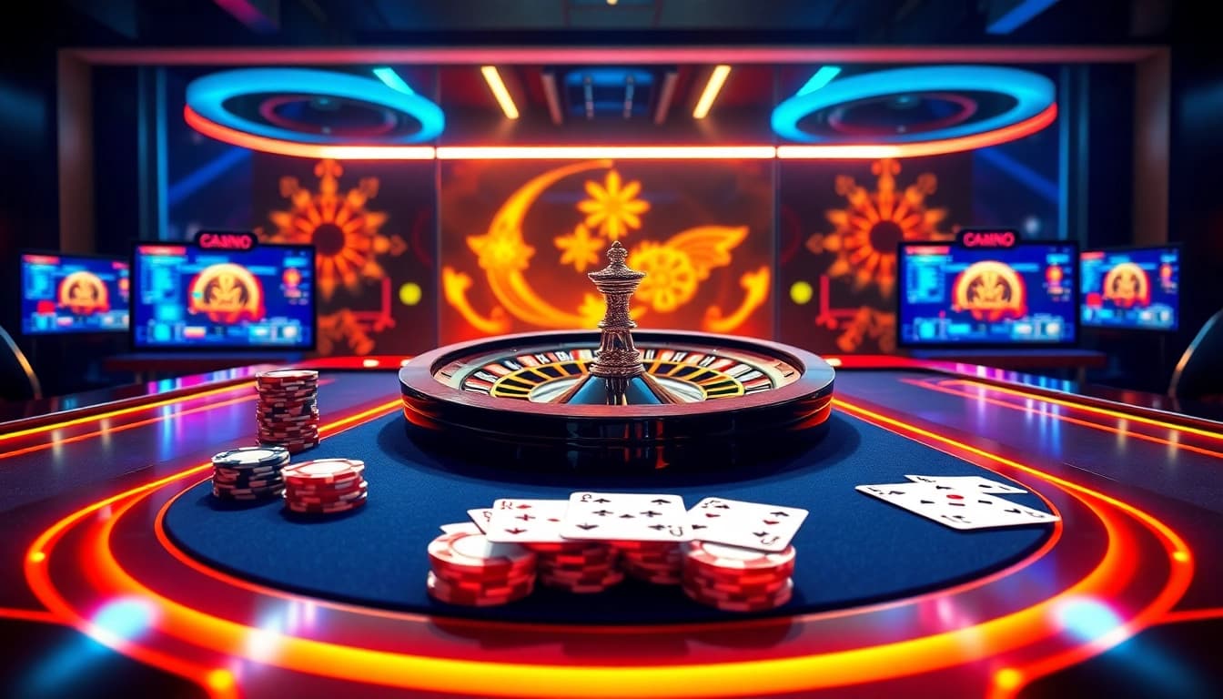 Engaging scene of modern online gambling at https://mtr888.com/, showcasing casino tables, poker chips, and digital interfaces.
