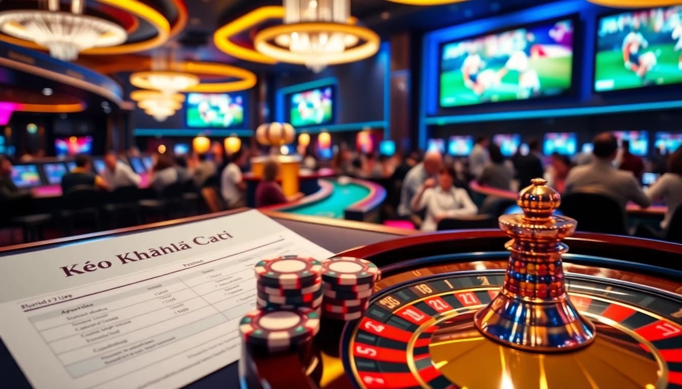 Kèo Nhà Cái betting slip amidst a bustling casino scene with poker chips and roulette.