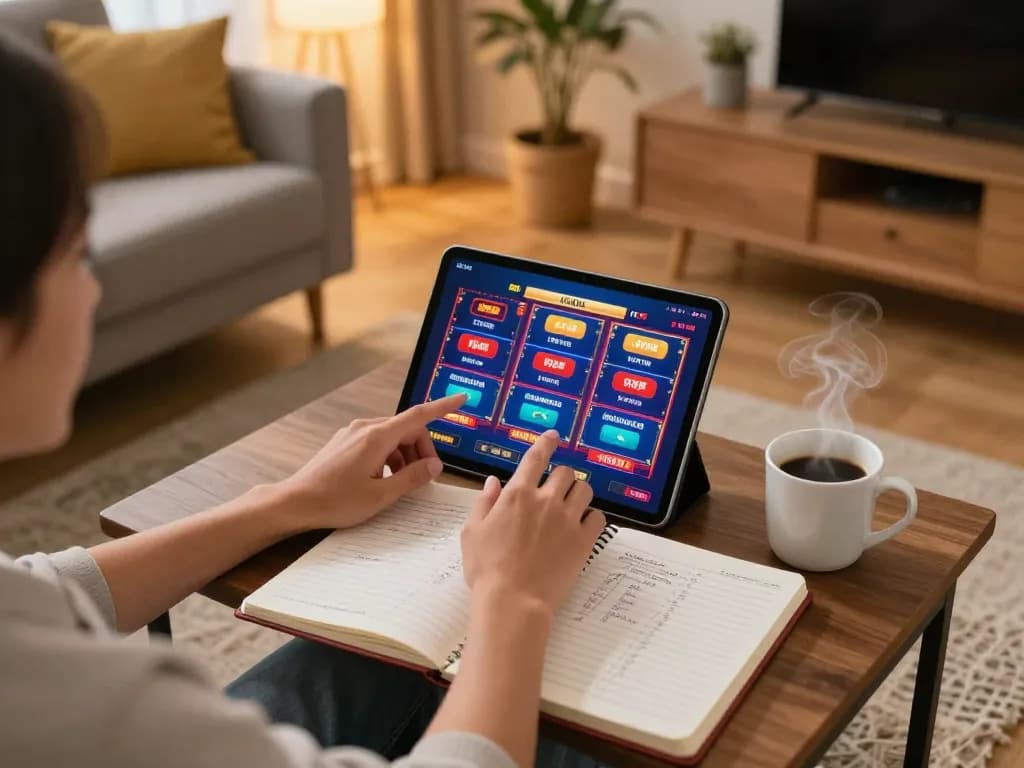 Player enjoying sx88 casino slots on tablet in cozy home setting with game strategy notes