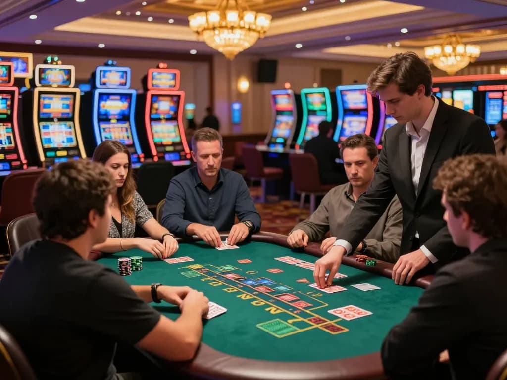 Players strategizing and betting at a blackjack table in a lively casino, highlighting https://tx88.bid/