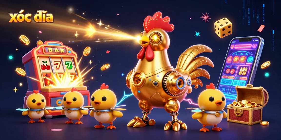 Engage in xóc đĩa with dynamic golden rooster robot and baby chick drones amidst a vibrant casino scene.