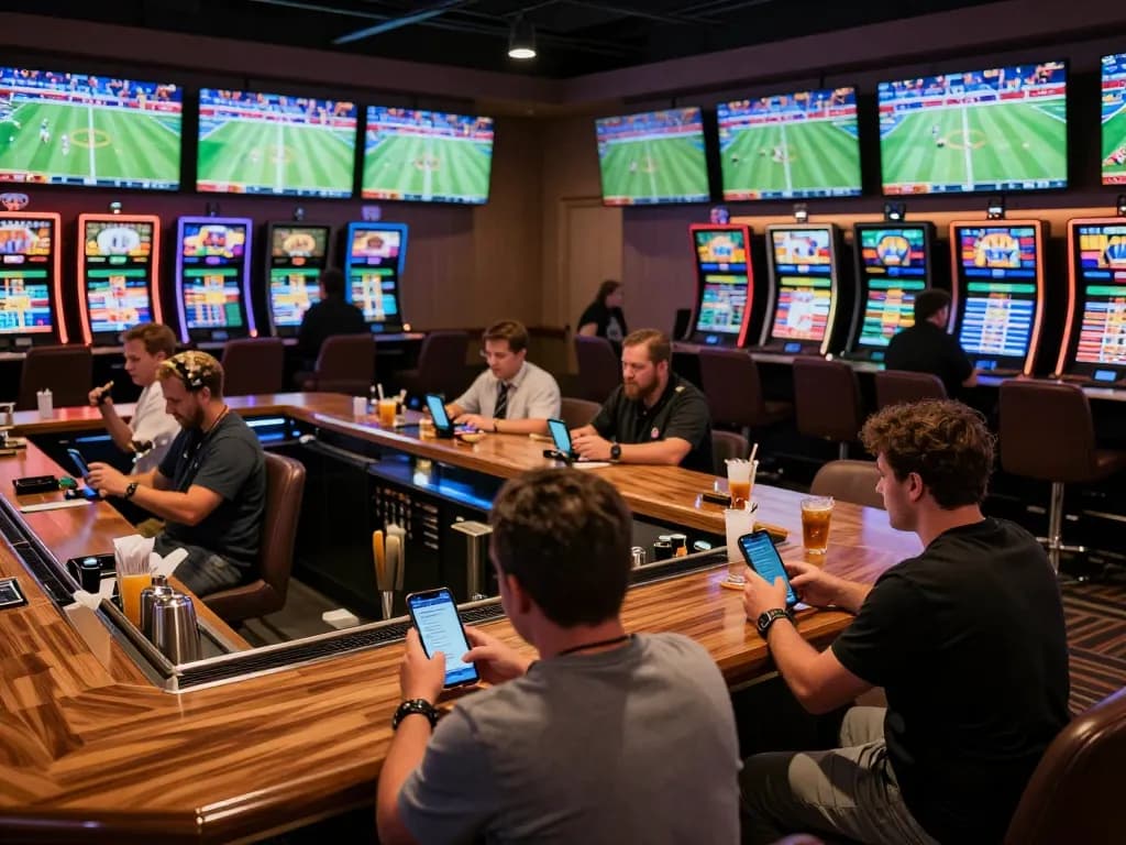 Engaged bettors at win678 com's modern sports betting lounge, showcasing live events and wagering excitement.