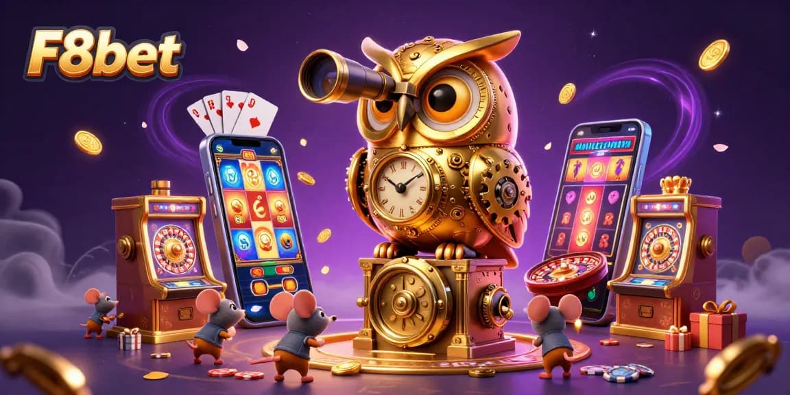 Engage with F8bet's vibrant 3D casino experience featuring a magical owl overseeing exciting games.