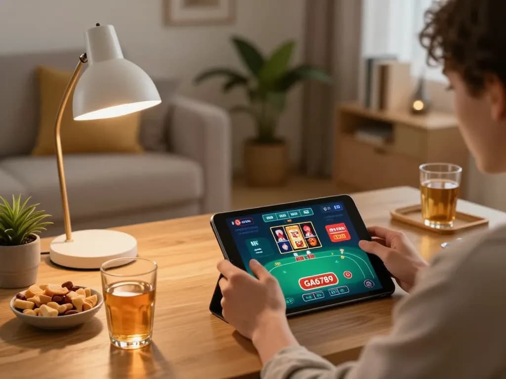 Explore online gambling with GA6789, engaging in a live poker session on a tablet.