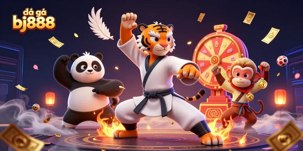 Engage in the excitement of đá gà bj888 with dynamic scenes featuring kung fu characters and gambling elements.