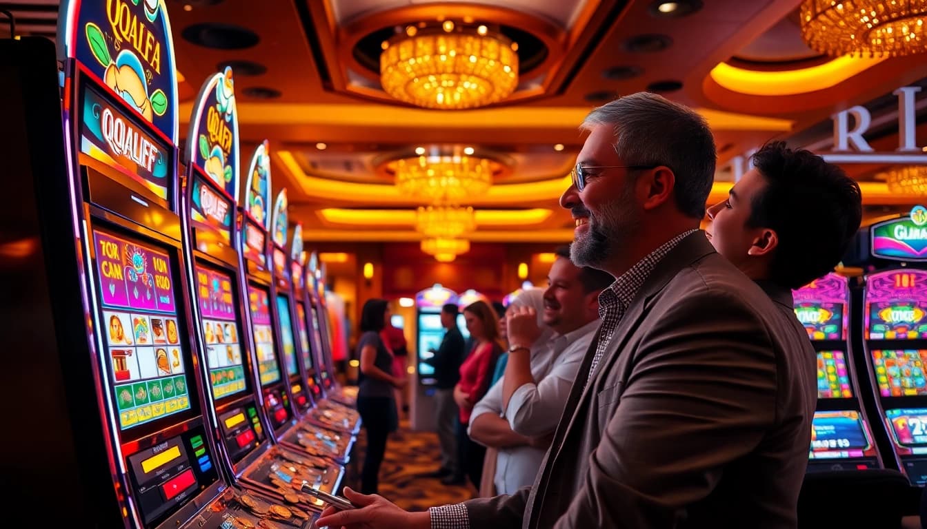 Player engaging with a QQALFA slot machine amidst a bustling casino environment.