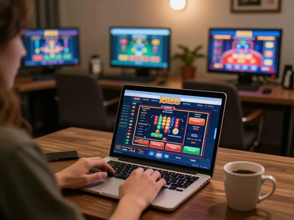Player engaged in RR88 online casino gaming, focusing on betting strategies with an inviting home setup.