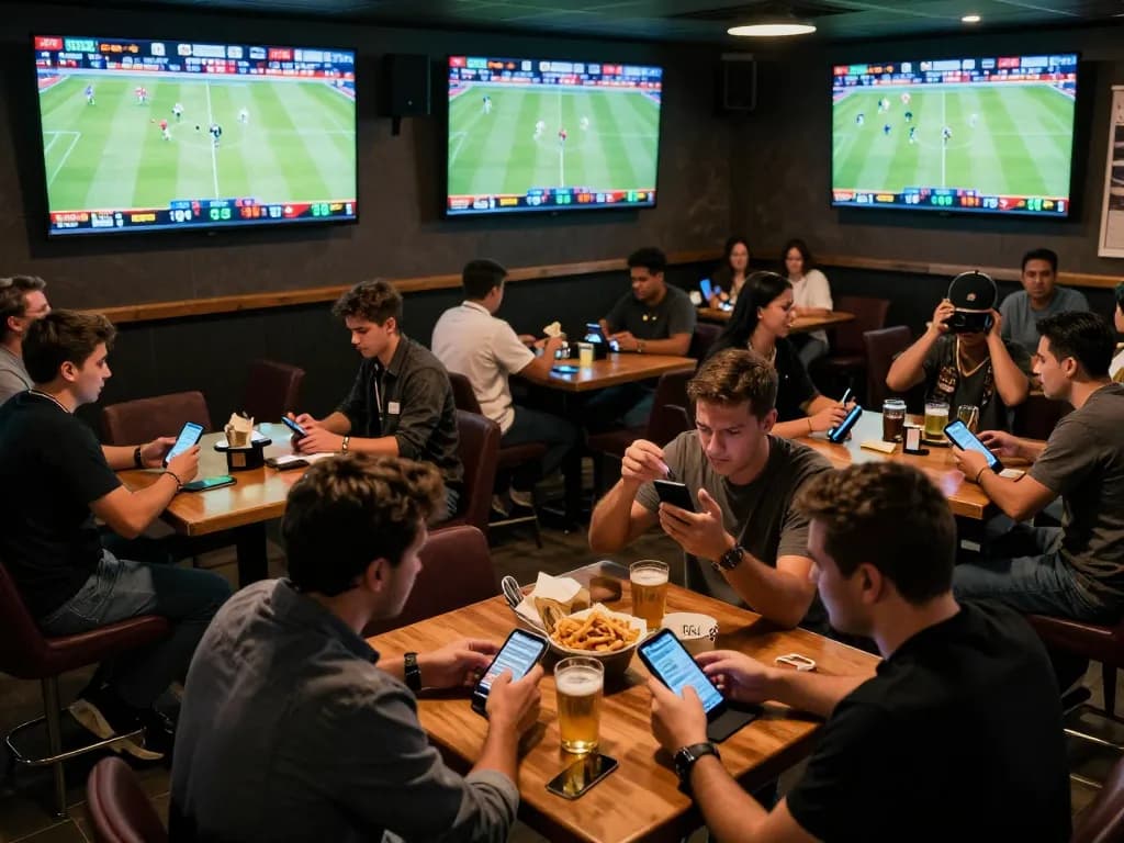 Bettors placing wagers while checking kết quả bóng đá at a vibrant sports bar filled with excitement and interactive screens.
