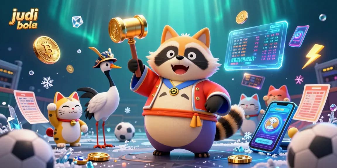 Join the exciting world of judi bola sports betting with engaging characters and neon elements.