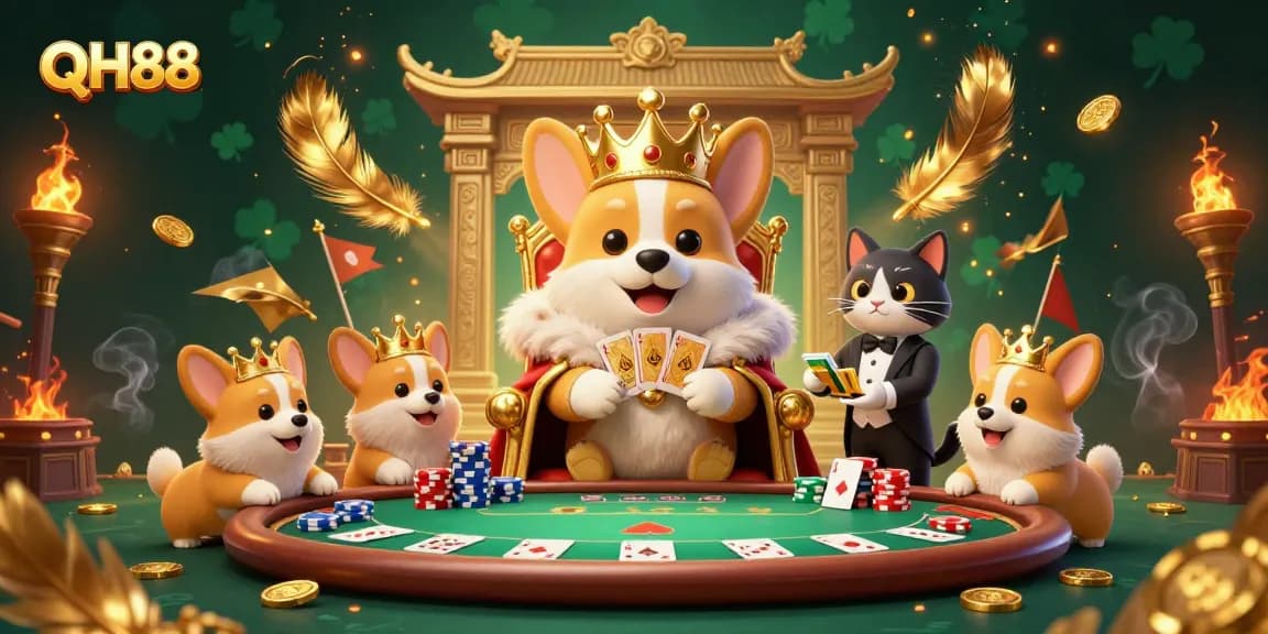 QH88 corgi royalty depicted with poker chips, cards in a vibrant casino scene.