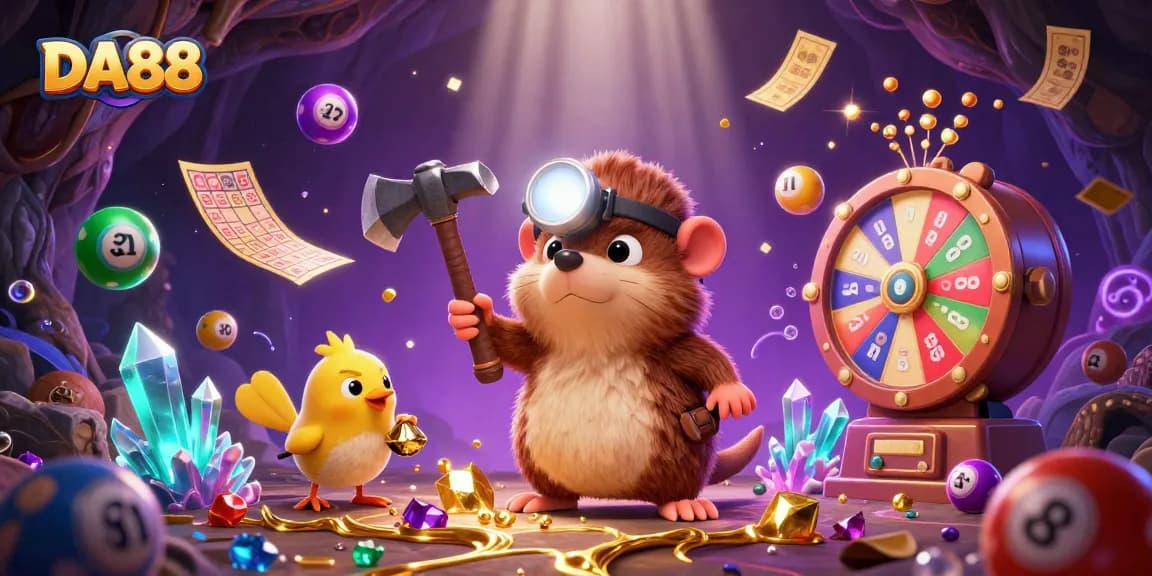Engage with DA88's thrilling gameplay as a treasure hunter uncovers gems amid lively casino elements.