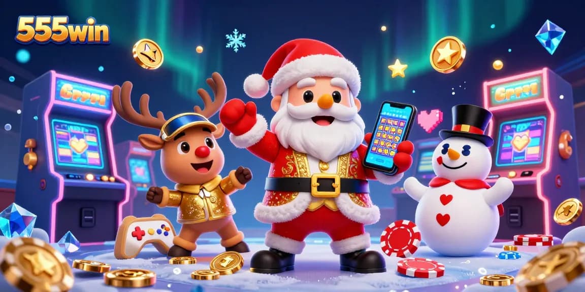 Win big with 555win's exciting slots, showcased in a vibrant casino scene with Santa and friends.