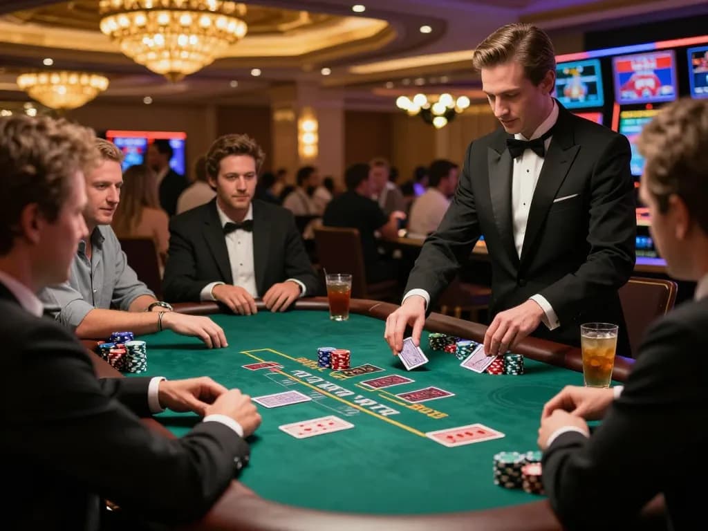 Players strategizing at a vibrant blackjack table in a Las Vegas casino, capturing the thrill of HM88