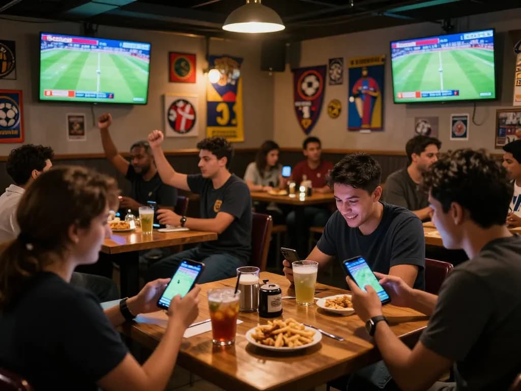Socolive stream being enjoyed by fans at a sports bar while actively engaging in mobile betting.