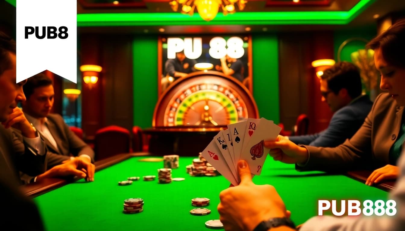 PUB88's exciting casino experience with players at a roulette table and vibrant poker games.