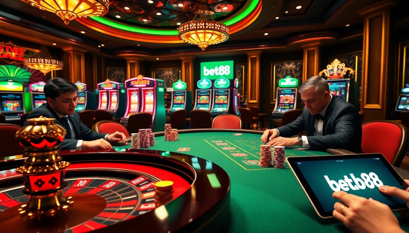 Experience the thrill of online gambling with Bet88 at a vibrant poker table in action.