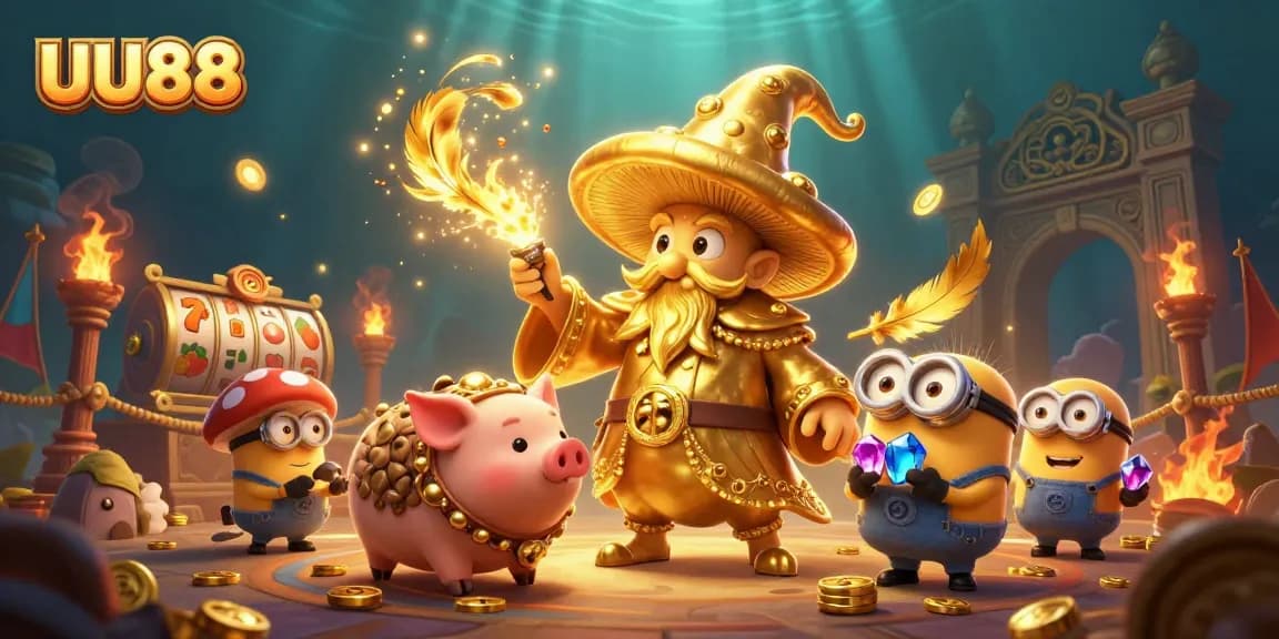 Experience excitement with UU88 as a golden wizard casts magic amidst slot reels and treasures.