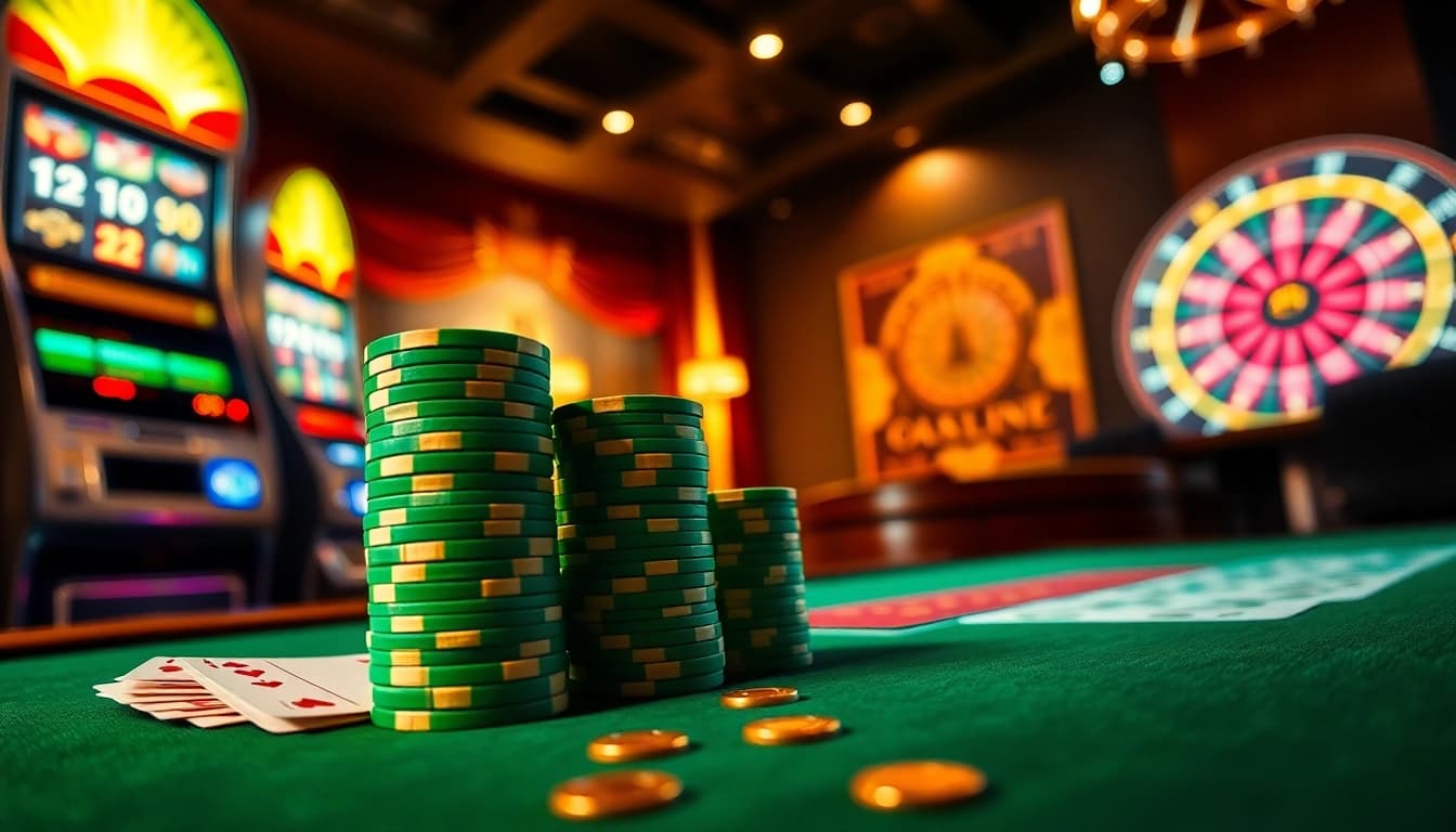 Experience the thrill of Okwin with vibrant poker tables and glowing slot machines.