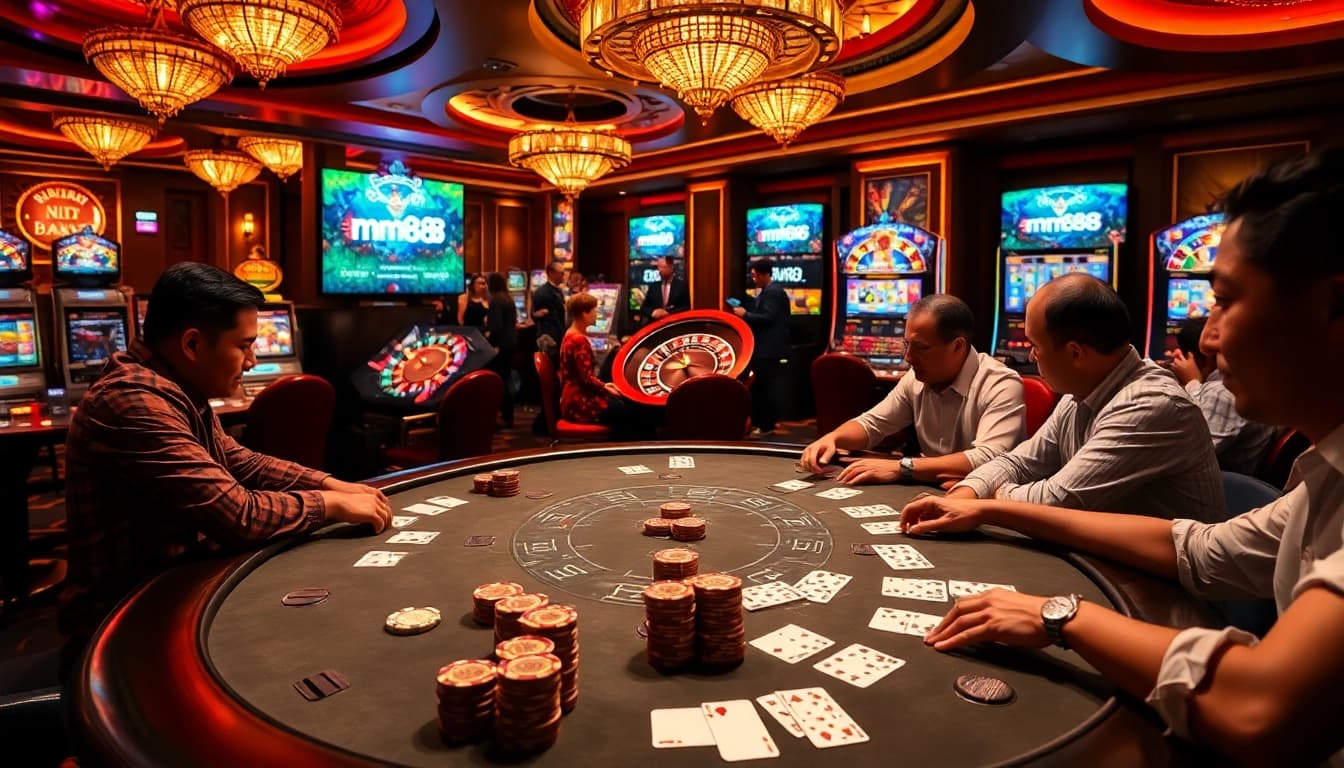 Players at a luxurious poker table engaging in intense gameplay within the exciting mm88 link casino environment.