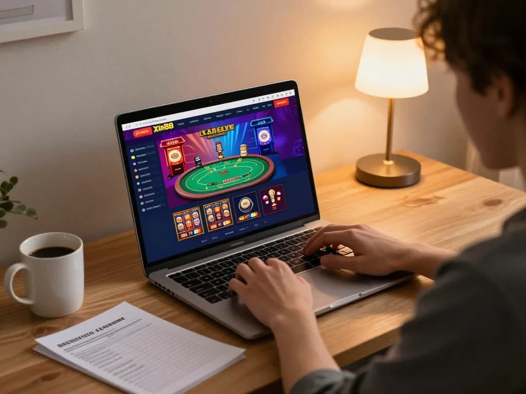 Player engaging in online gaming at Xin88 platform with a strategic betting setup in a cozy environment