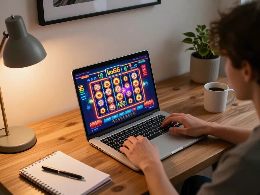 Engaged user playing on ko66 online casino platform with vibrant gaming interface, cozy home setup.
