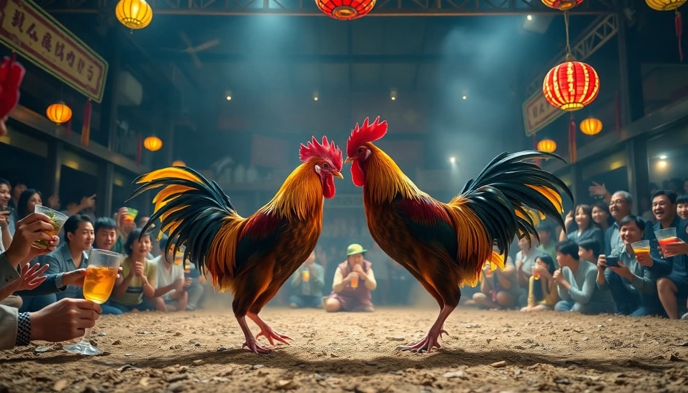 Experience đá gà thomo live with thrilling cockfight action and excited fans cheering.