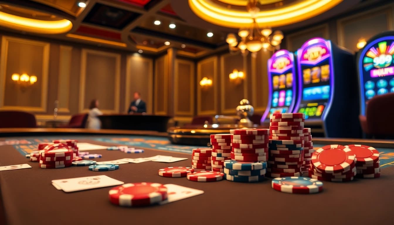 Experience the excitement of go99 with a luxurious online casino scene featuring poker chips, cards, and roulette.