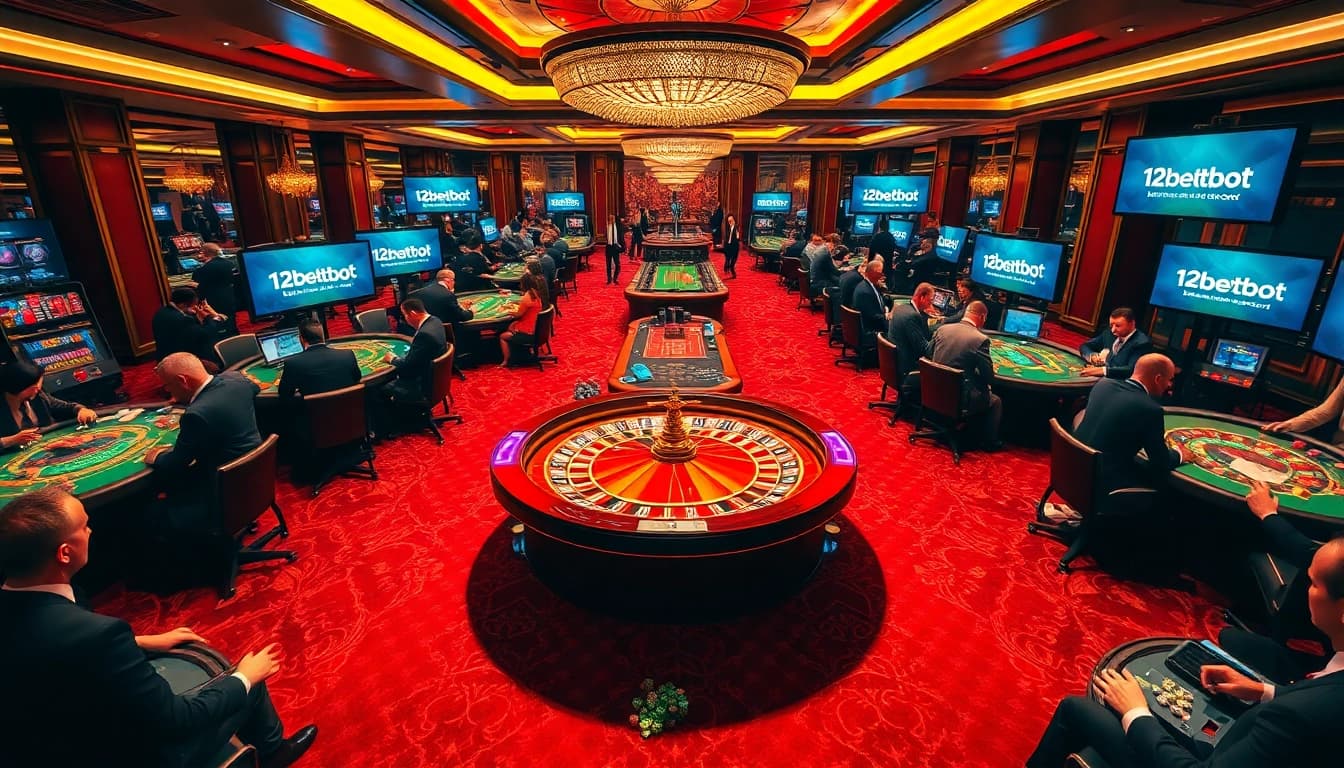 Excited gamblers at a lavish casino experience with betting at https://12bett.bot/ displayed on screens.
