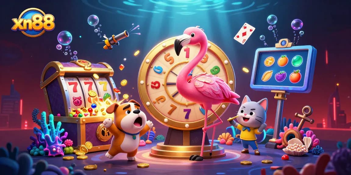 Spin the xn88 prize wheel, with a flamingo host and bulldog contestant, amidst vibrant casino elements.
