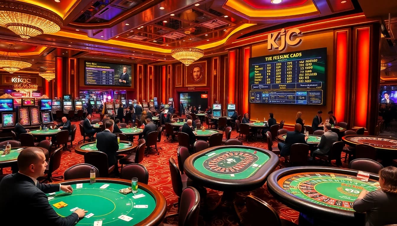 KJC casino gamers playing intense poker and roulette under luxury lighting.