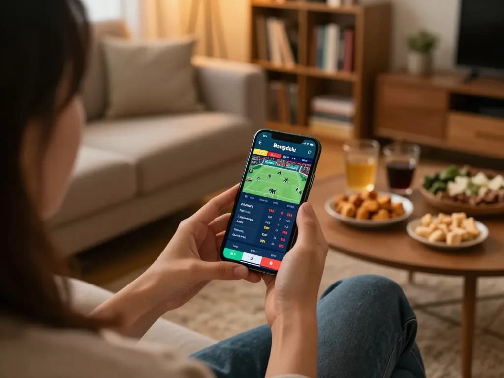 Bongdalu user engaged in sports betting on a smartphone, enjoying a cozy home atmosphere.