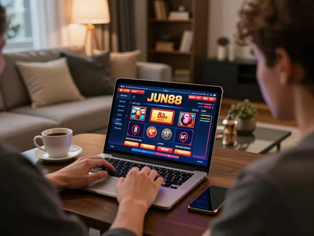 Player engaging in online JUN88 casino with laptop and smartphone in cozy living room.