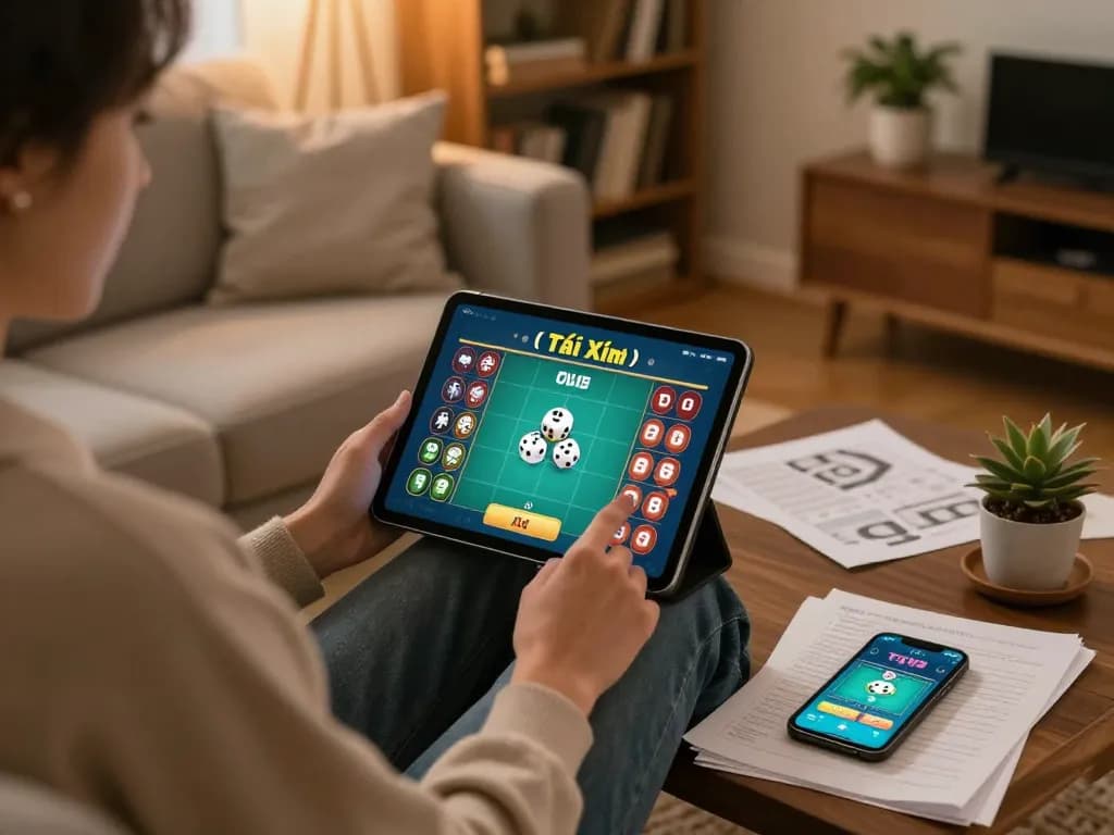 Tài xỉu online gaming experience at home with tablet, strategy notes, and relaxed setting.