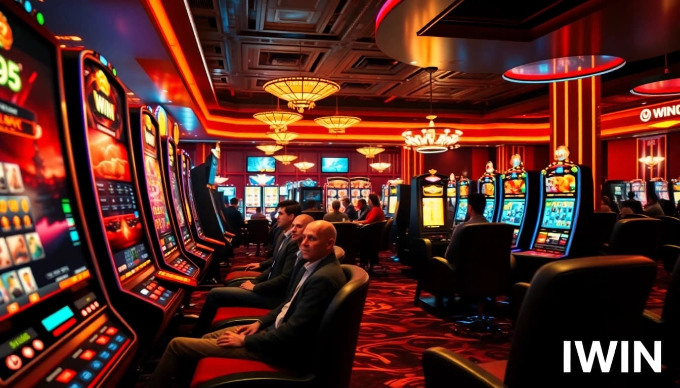 IWIN online gaming excitement with players in a modern casino setting.