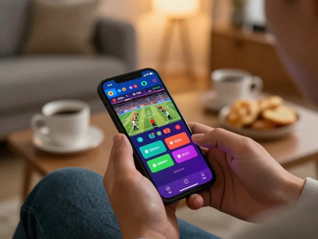 Engaging in 789win link mobile sports betting with vibrant app interface in cozy home setting.