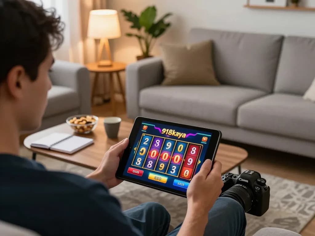 Engaged in 918kaya gameplay during login and registration process on a tablet in a cozy living room.
