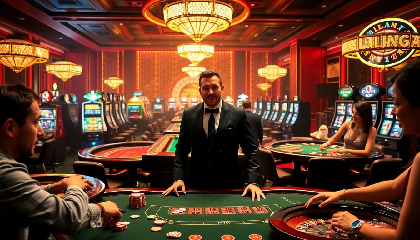Players enjoying a thrilling game of poker at Luck8 casino, surrounded by vibrant casino tables.