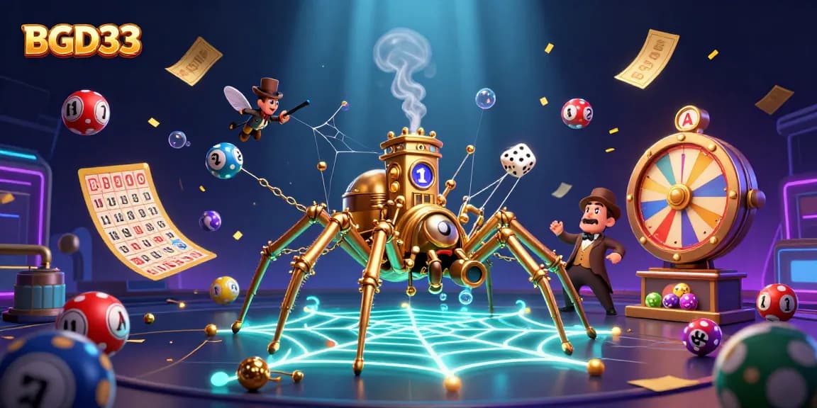 Experience BGD33 with a thrilling steampunk casino scene featuring colorful lottery balls and dynamic elements.