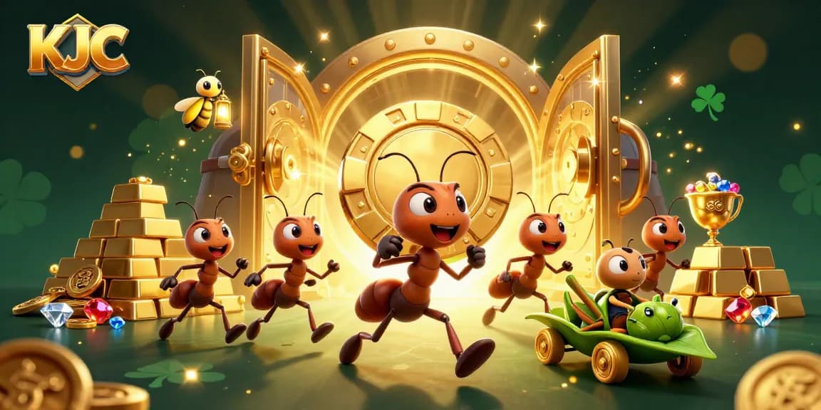 KJC evokes excitement with animated ants stealing a gigantic poker chip in a vibrant casino heist scene.