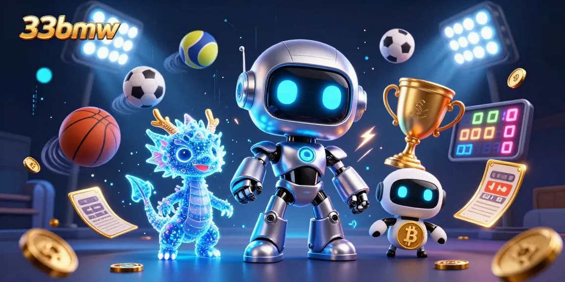 Experience the excitement of 33bmw with a vibrant 3D casino scene, featuring dynamic sports elements, trophies, and bitcoin symbols.