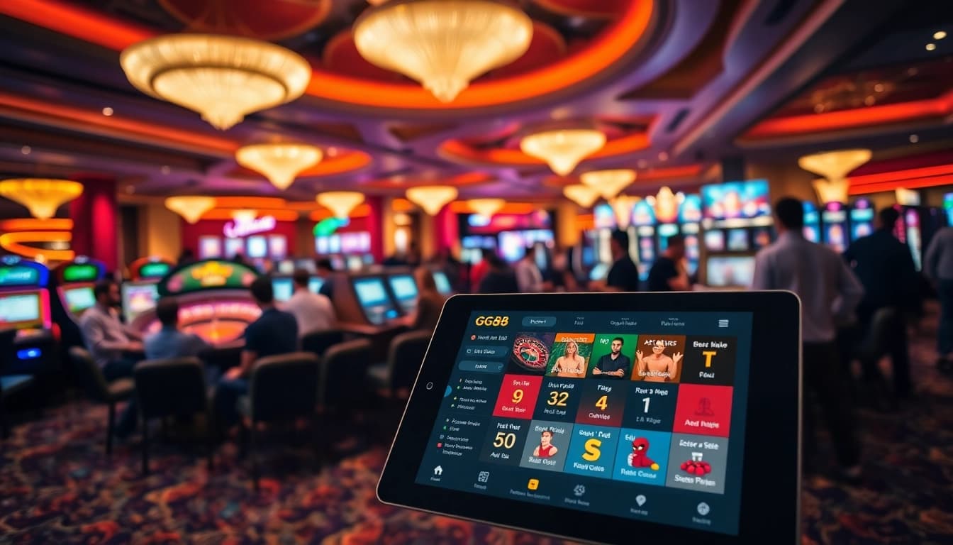 Players enjoy immersive gambling action at GG88's vibrant casino floor, featuring slot machines and roulette.