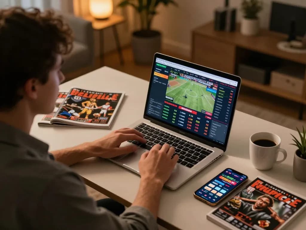 Engaging scene of a player using FC88 sports betting on a laptop at home, showcasing strategic gameplay and focus.