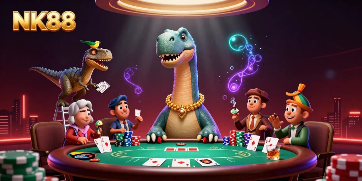 Engage in thrilling gameplay at NK88 with our animated creative featuring a giant brontosaurus above a poker table.