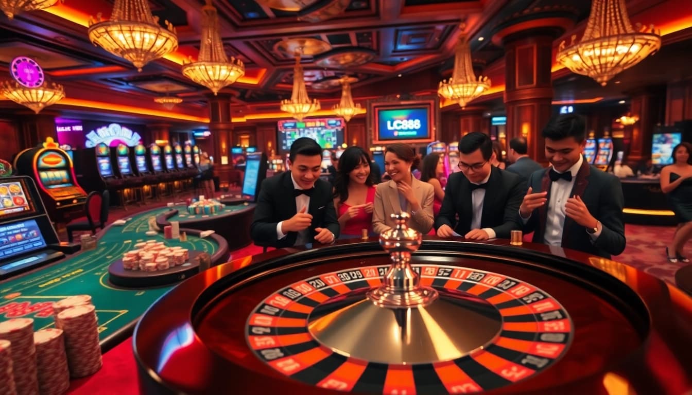 Experience the thrilling ambiance of LC88 casino with players engaged around vibrant roulette tables.