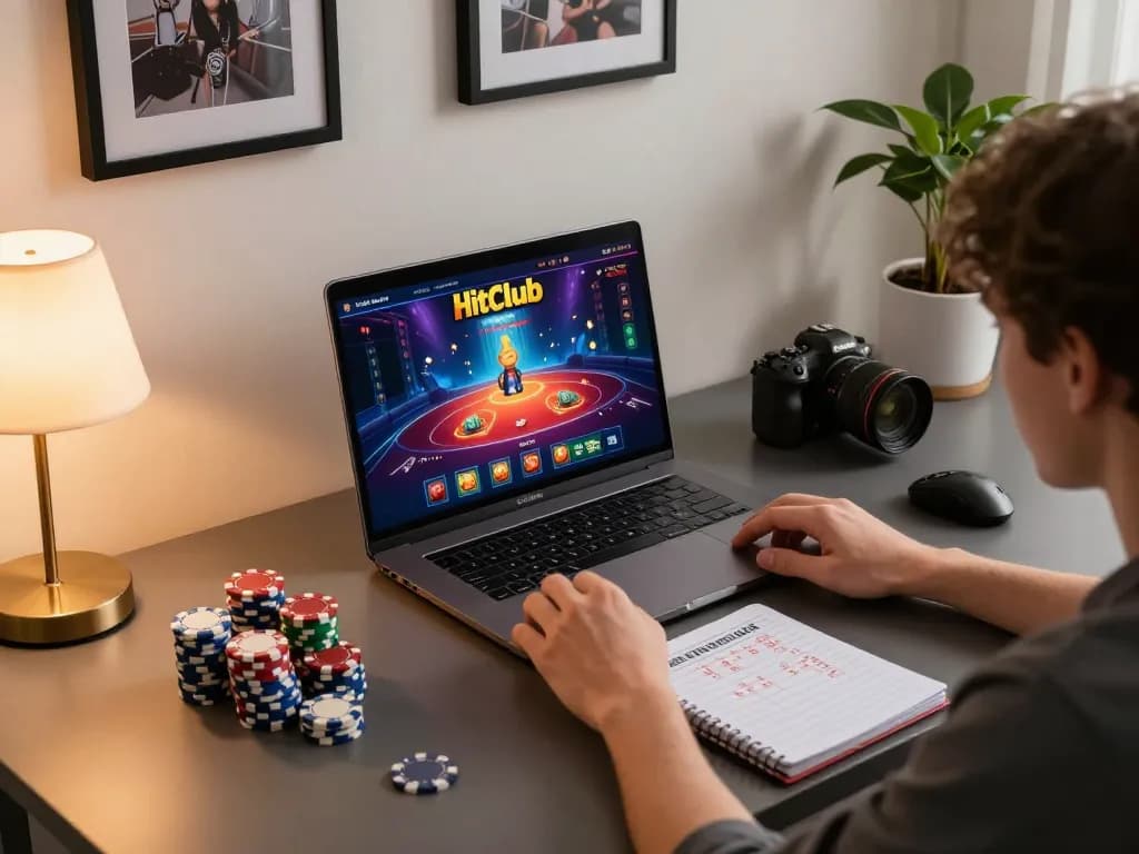Engaging with Hitclub online casino app on a modern gaming setup, showcasing responsible gaming.