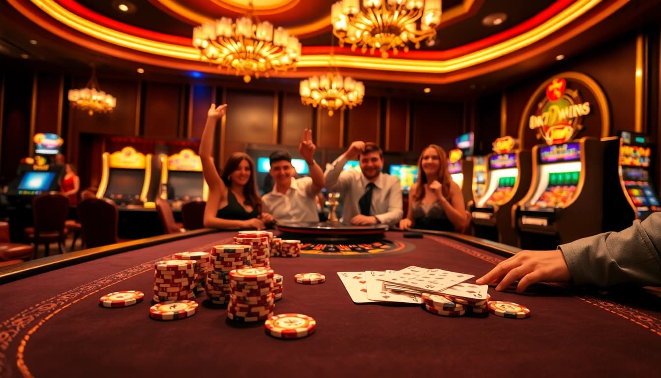 Players celebrating a win at the vibrant 789win club poker table with roulette and slots in the background.