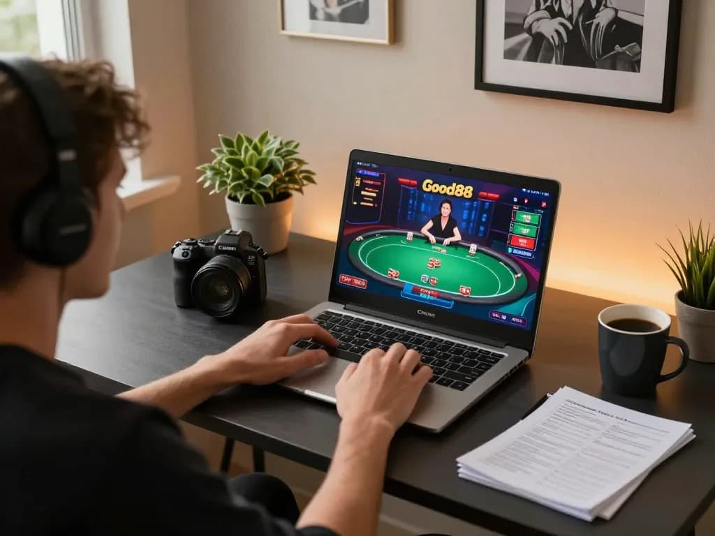 Engaged player using Good88 online casino on laptop at home with cozy ambiance.